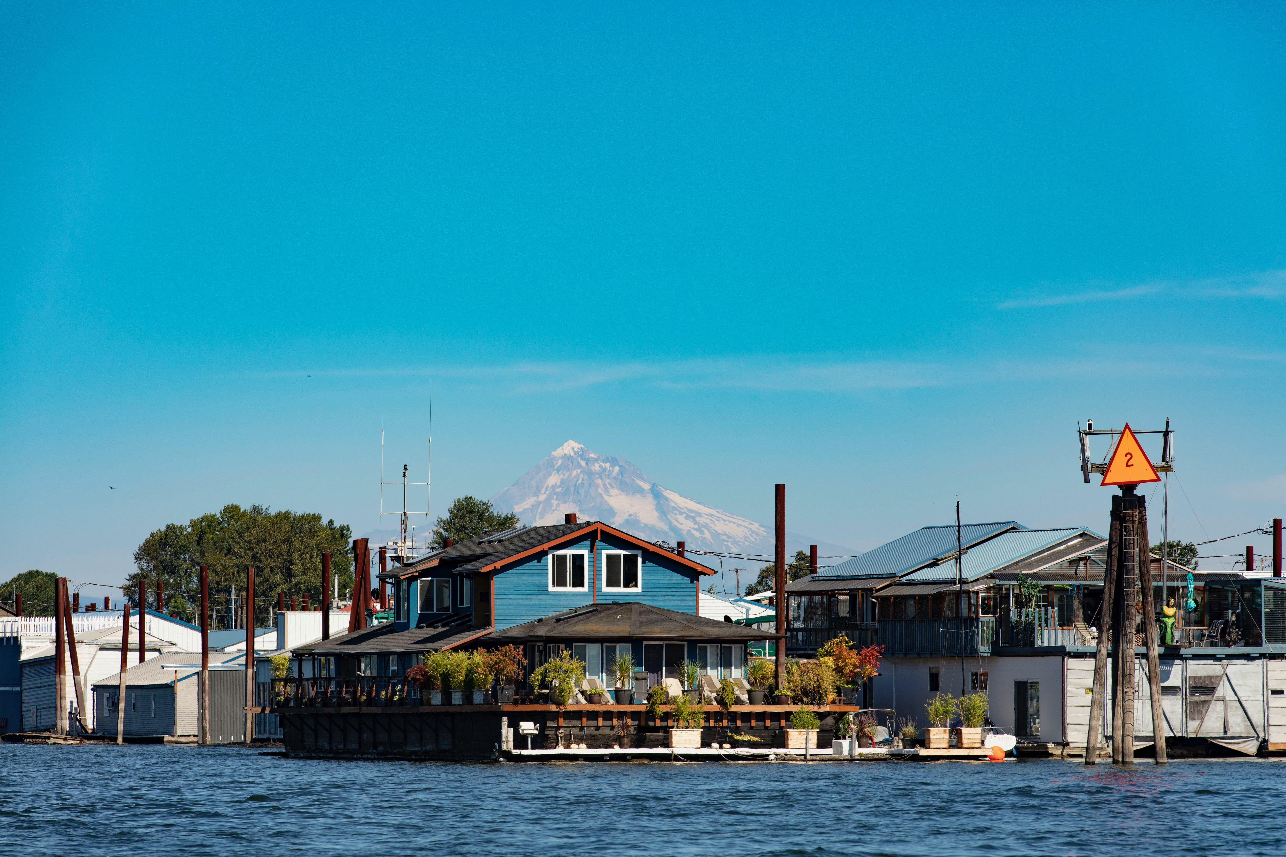 The floating home viewed from the Columbia River